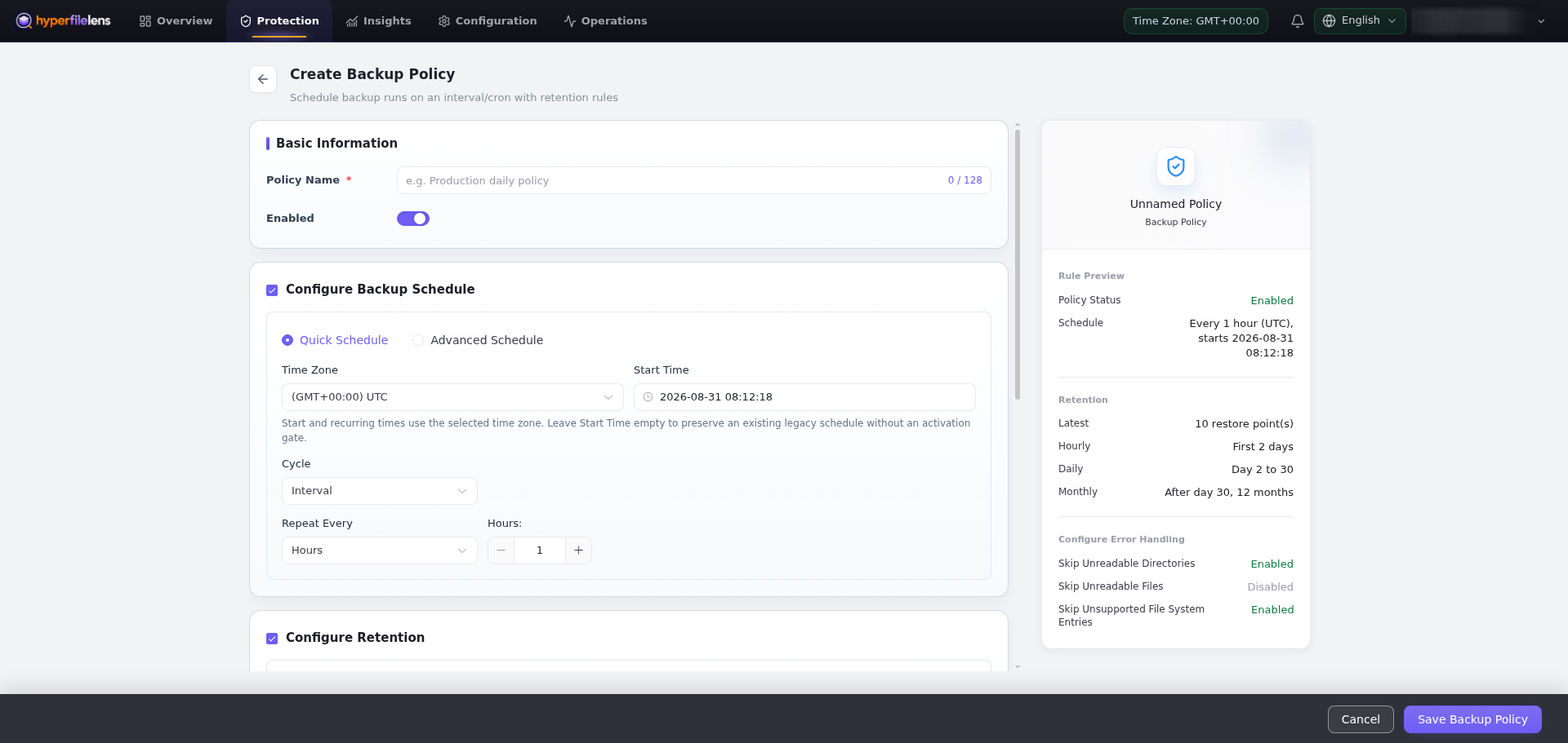 Create Backup Policy showing quick schedule, retention, and error-handling preview with the personal account blurred