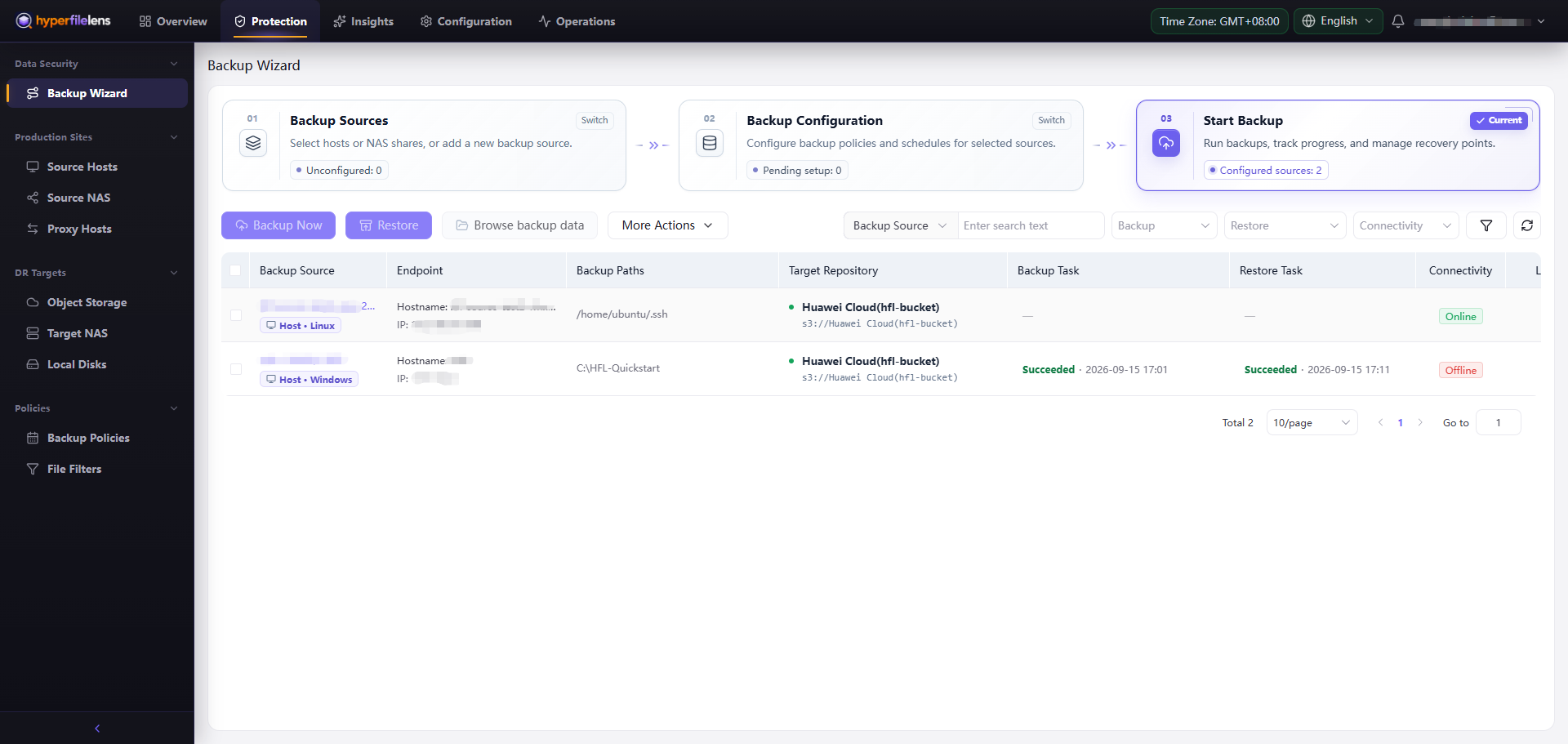 Start Backup page showing both the offline original node and the new online replacement node