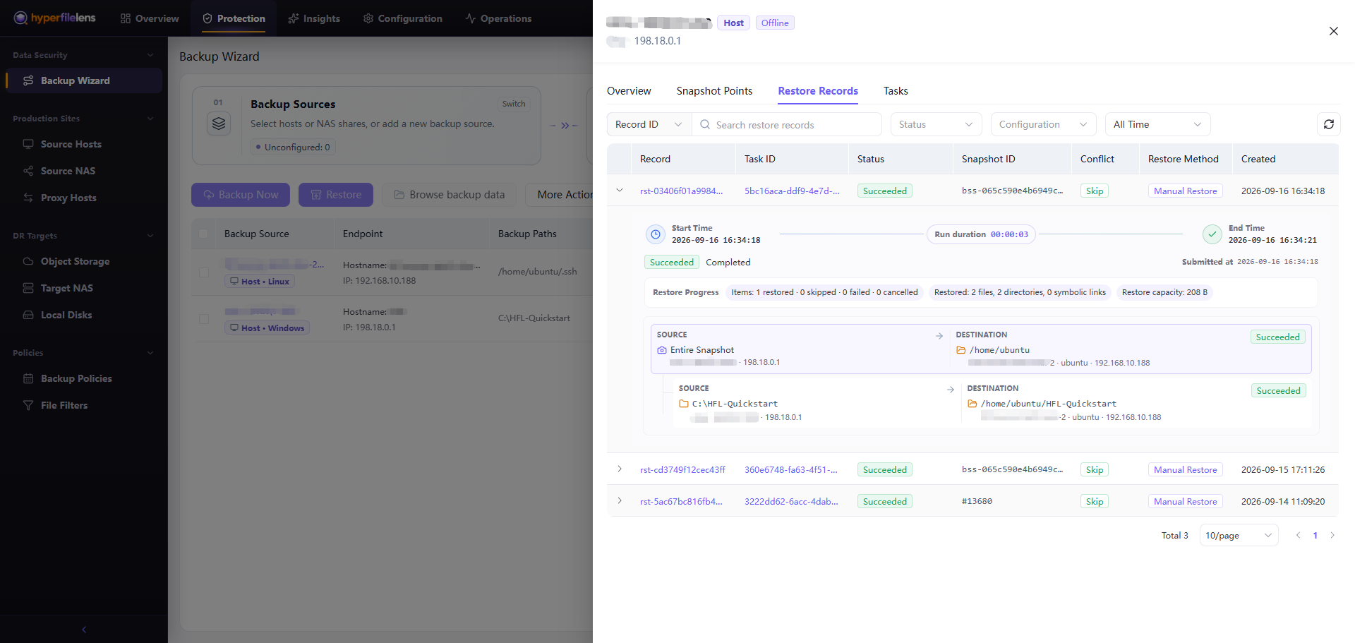 Restore Records showing a successful restore from the offline source node to the new host node