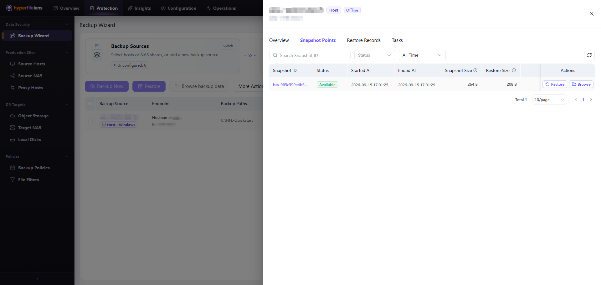 Snapshot detail drawer confirming historical snapshot points are available for the offline source node