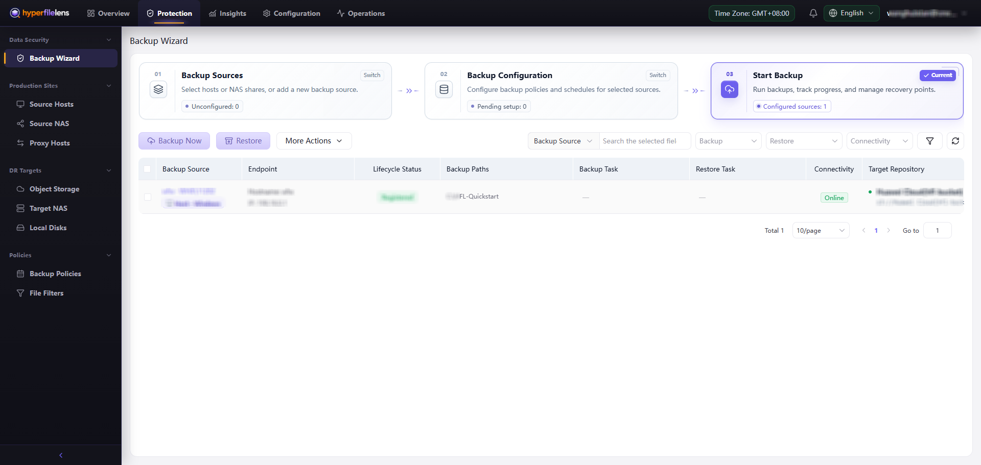 Backup configuration ready to run with Connectivity Online and the account and host information blurred