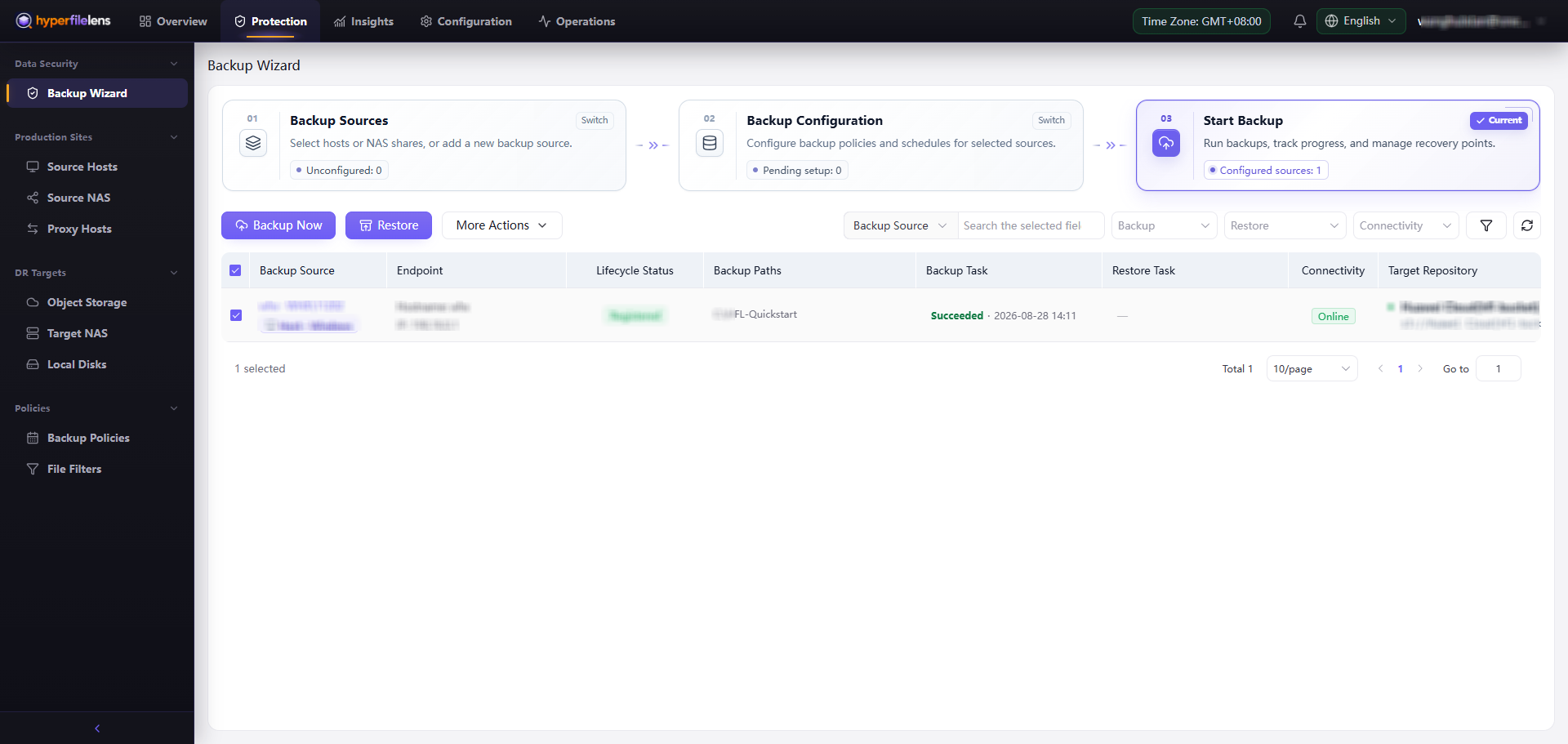 First backup completed with Backup Task Succeeded and the account, host, and repository information blurred