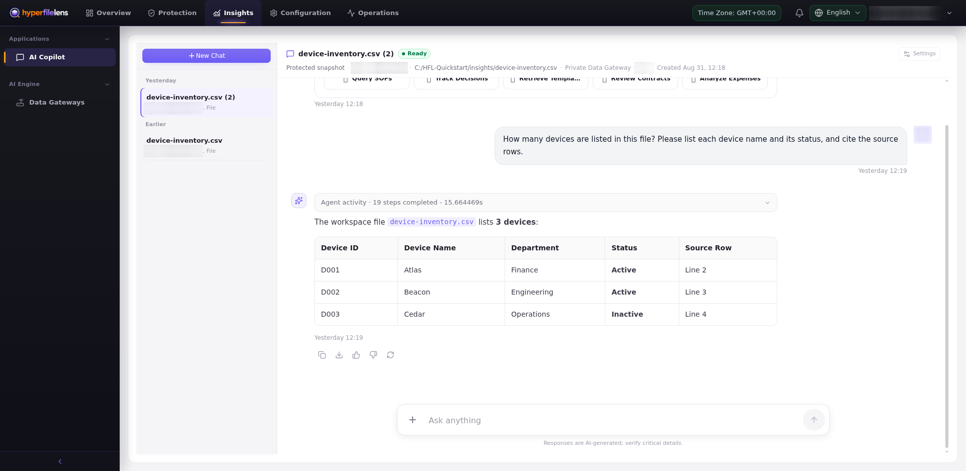 AI Copilot answer listing three devices and their statuses; account, host, and Gateway identifiers blurred