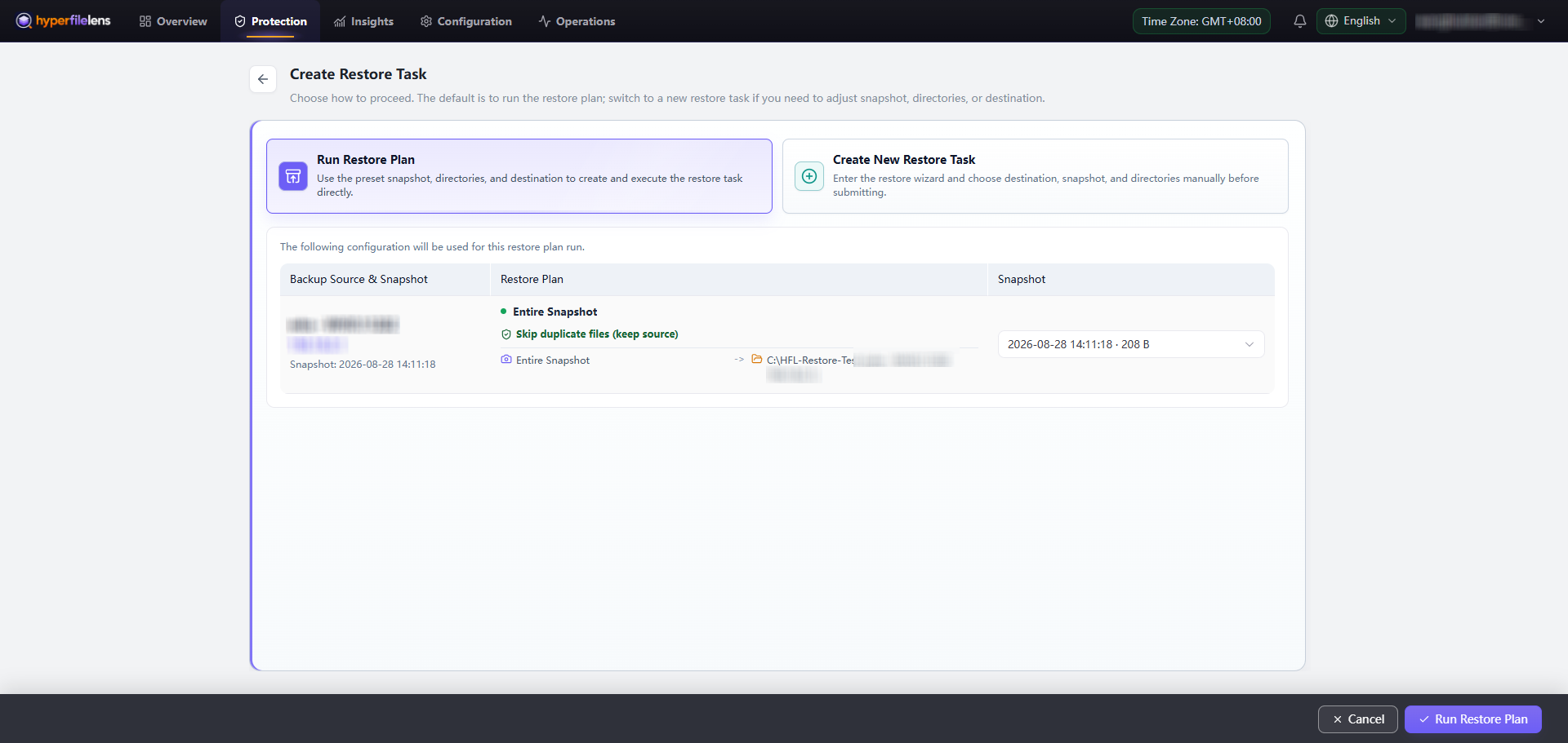 Two restore modes in Create Restore Task with host and IP information blurred while snapshot time, size, restore path, and policy remain visible