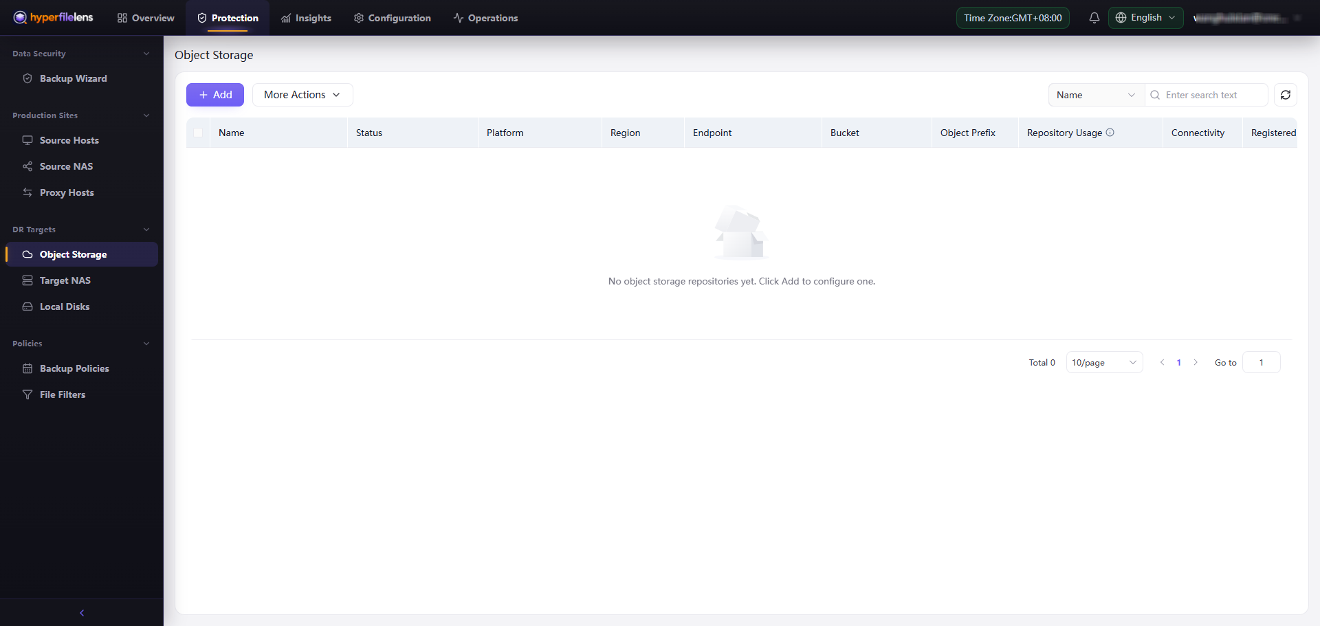 Empty Object Storage page with the account blurred