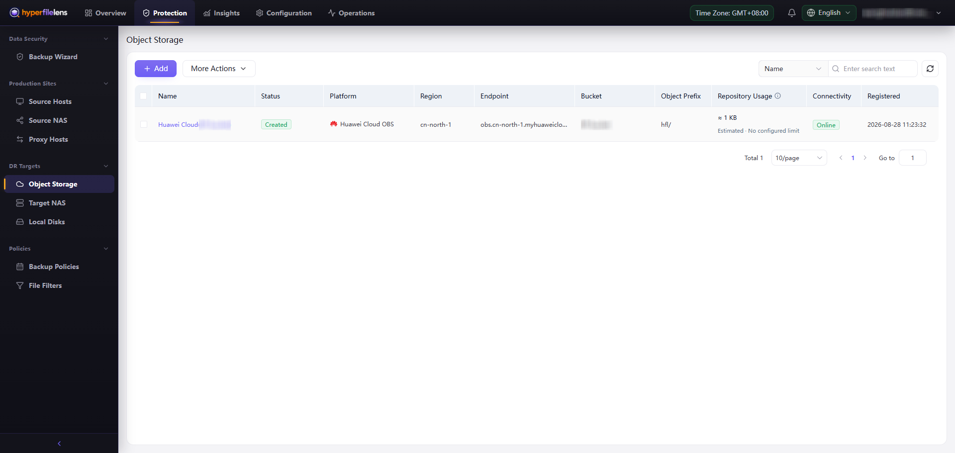 Huawei Cloud repository created and online with the account, repository name, and Bucket blurred while the Endpoint and registration time remain visible