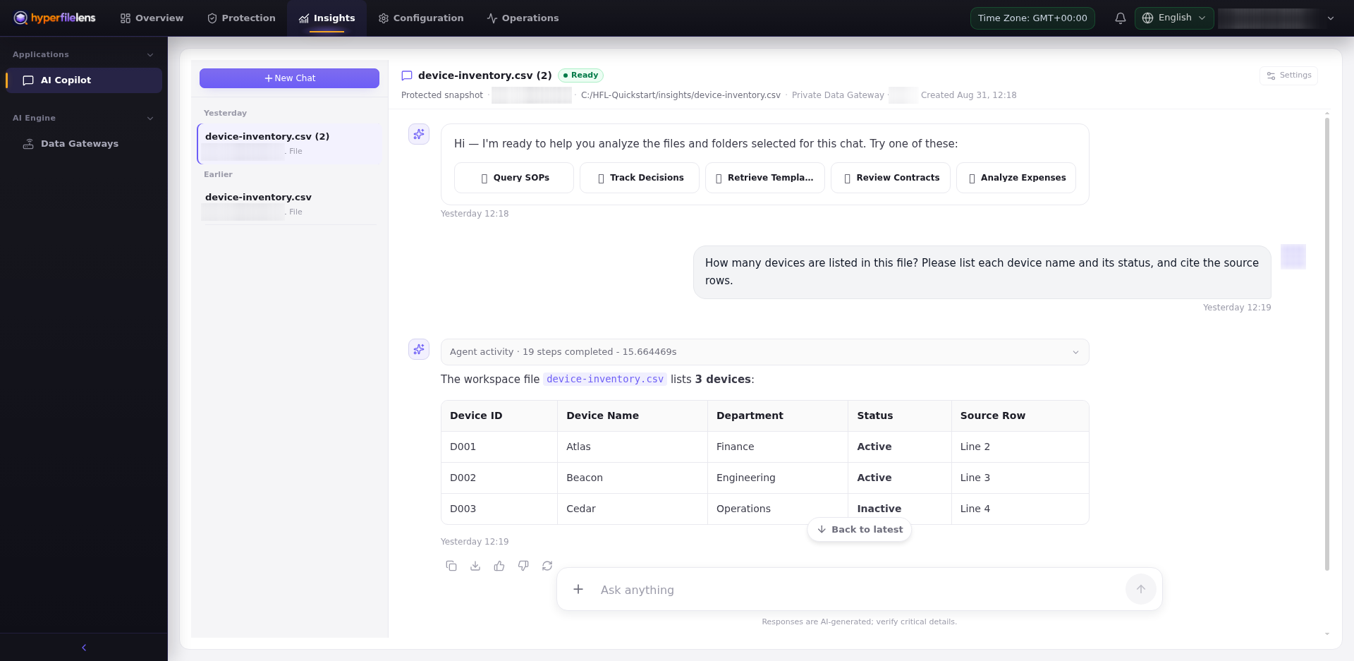 Current AI Copilot page with AI Copilot under Applications, Data Gateways under AI Engine, and real account, host, and Gateway identifiers blurred