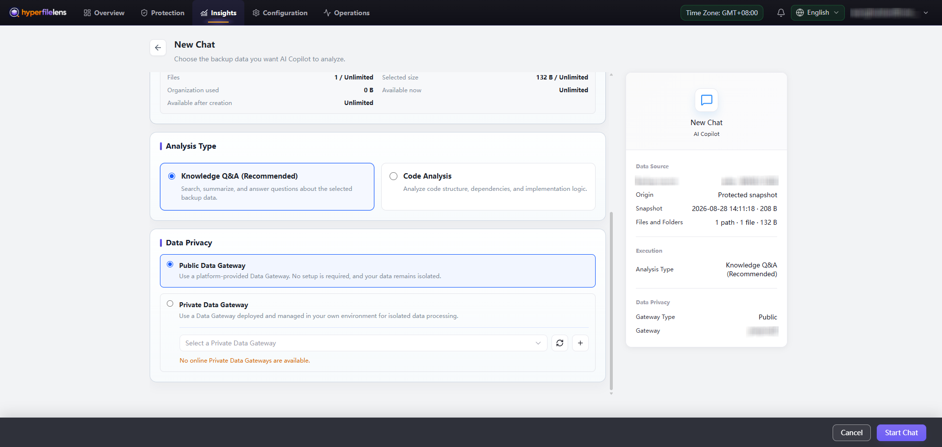 Knowledge Q&A and Public Data Gateway selected with account, host, and Gateway name blurred