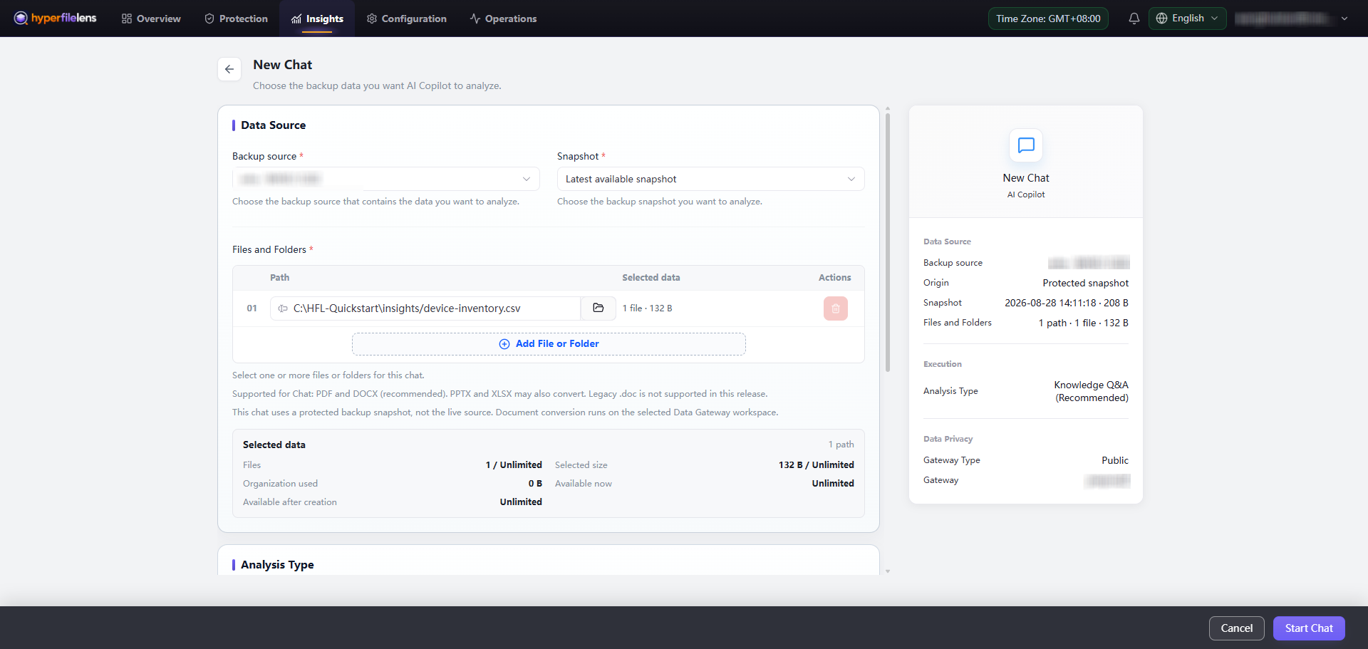 New Chat with the backup source, snapshot, and device-inventory.csv selected; account, host, and Gateway details blurred