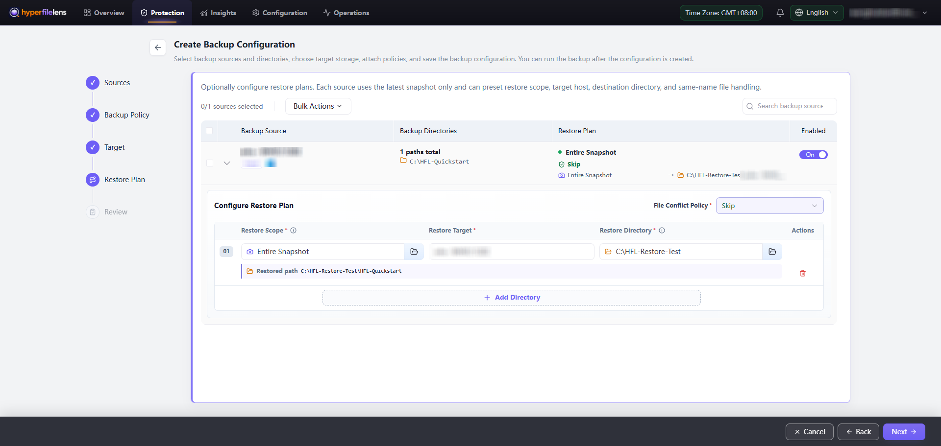 Optional Restore Plan configuration with the restore target host blurred while the restore path and conflict policy remain visible