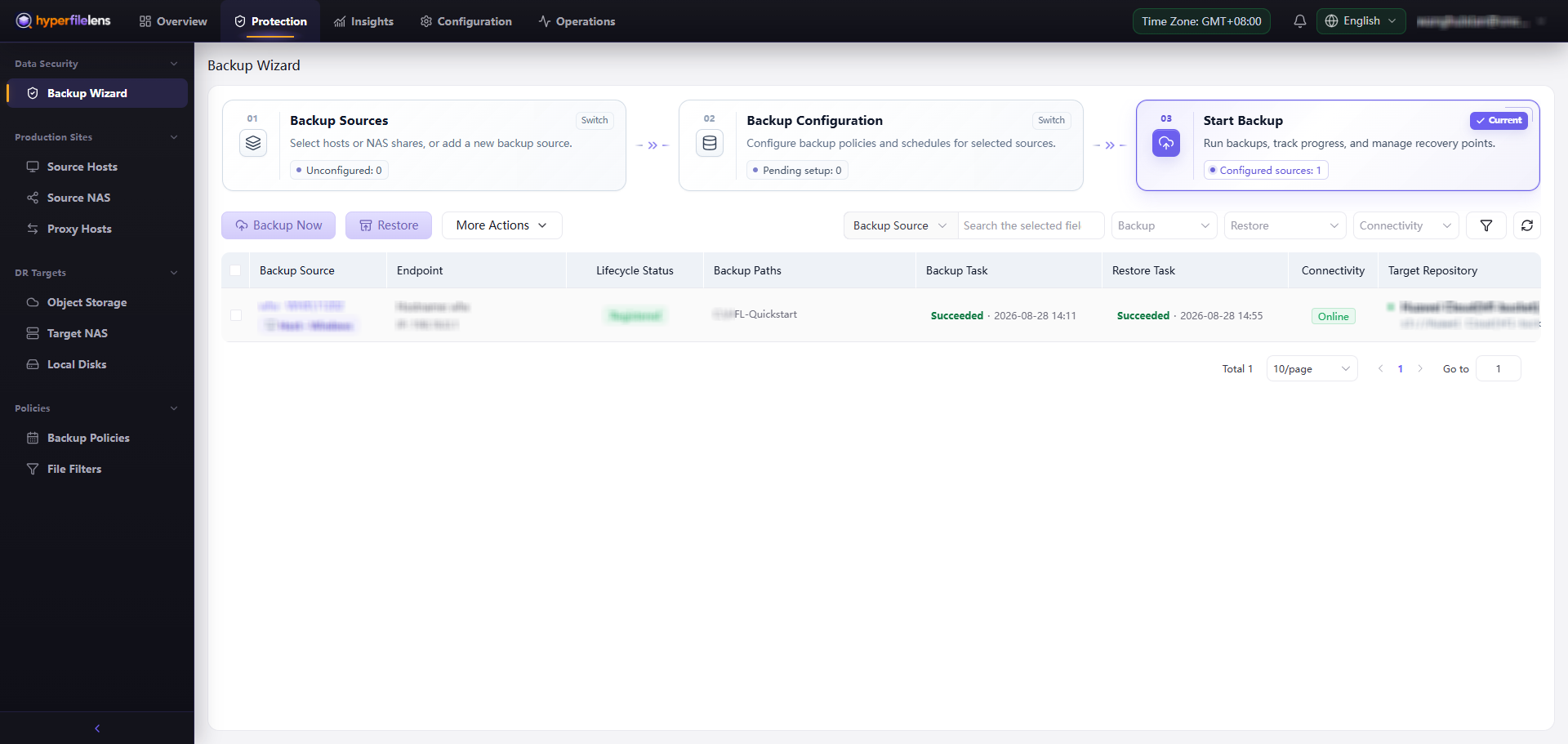 Completed restore with Restore Task showing Succeeded and account, host, and repository details blurred