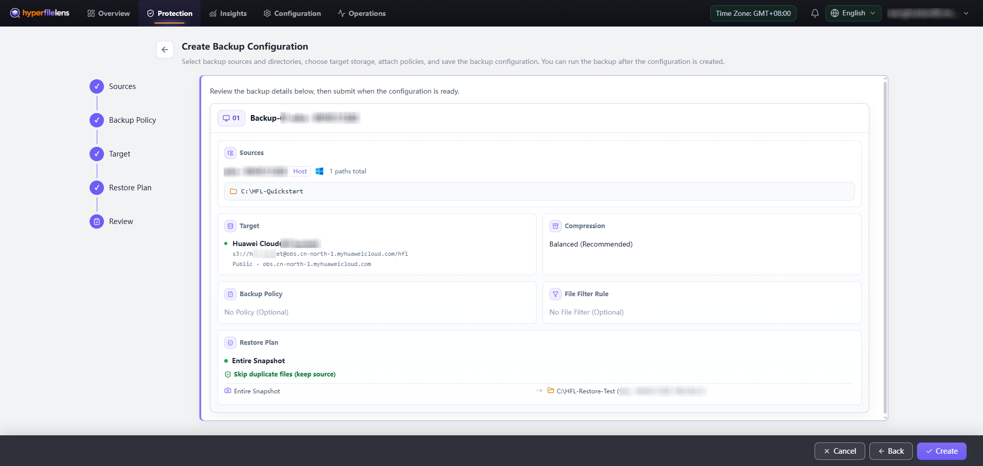 Backup configuration summary on Review with the account, host, and repository name blurred while the restore path and configuration labels remain visible