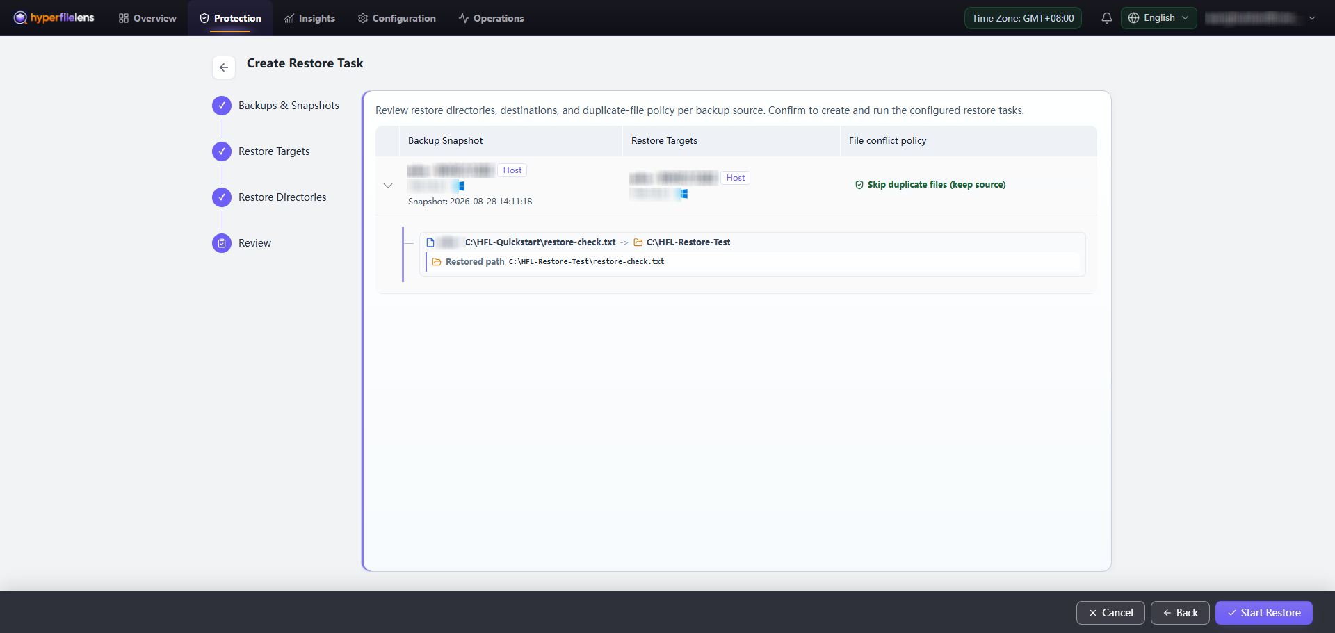 Single-file restore task Review with the host and IP address blurred while the snapshot time, restore path, and conflict policy remain visible