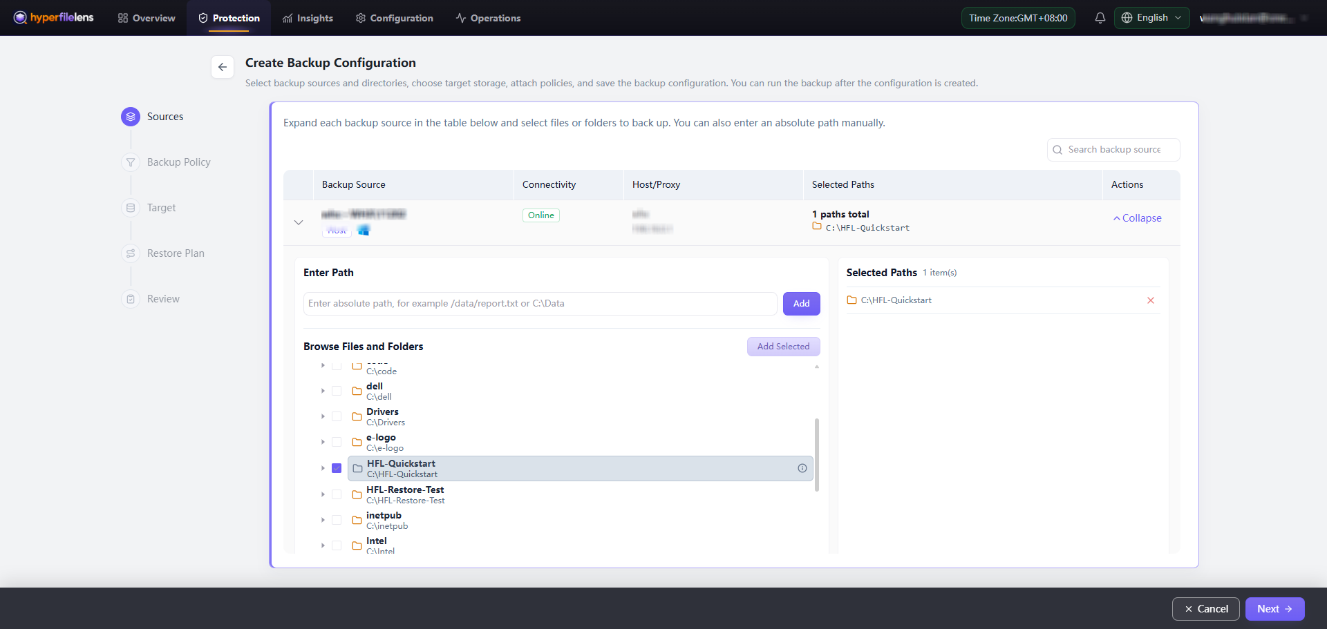 C:FL-Quickstart added to Selected Paths with the hostname and IP address blurred