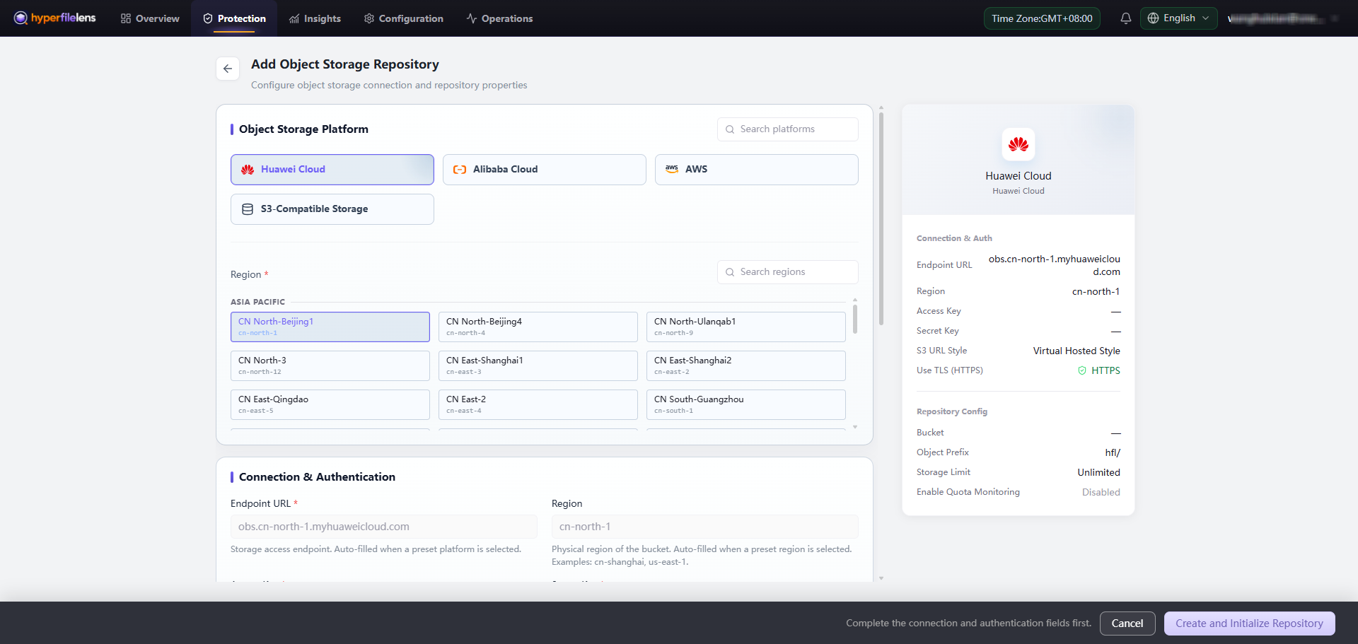 Add a Huawei Cloud object storage repository and select its Region with the account blurred