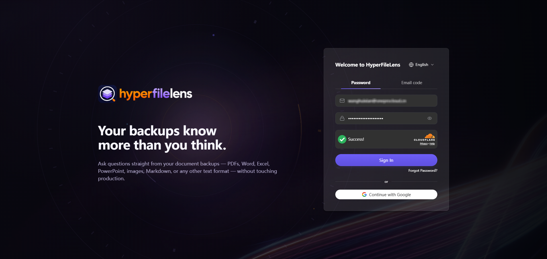 HyperFileLens password sign-in page in English with the email address redacted