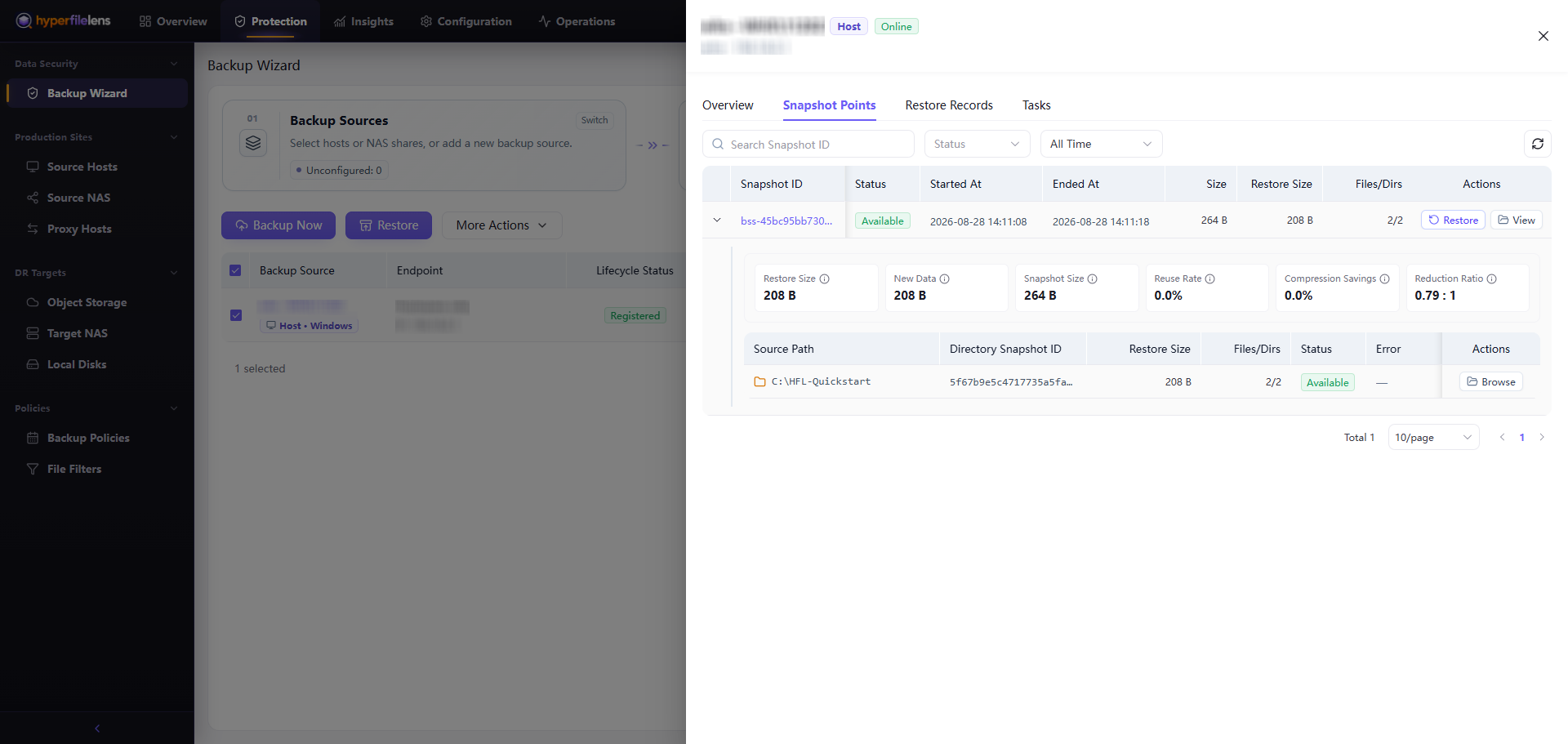 Available snapshot in Snapshot Points with host information blurred while snapshot identifiers, times, sizes, and file counts remain visible