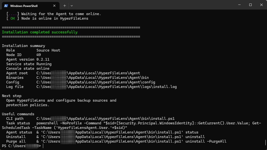 Windows Agent installation completed with user paths and installation details redacted