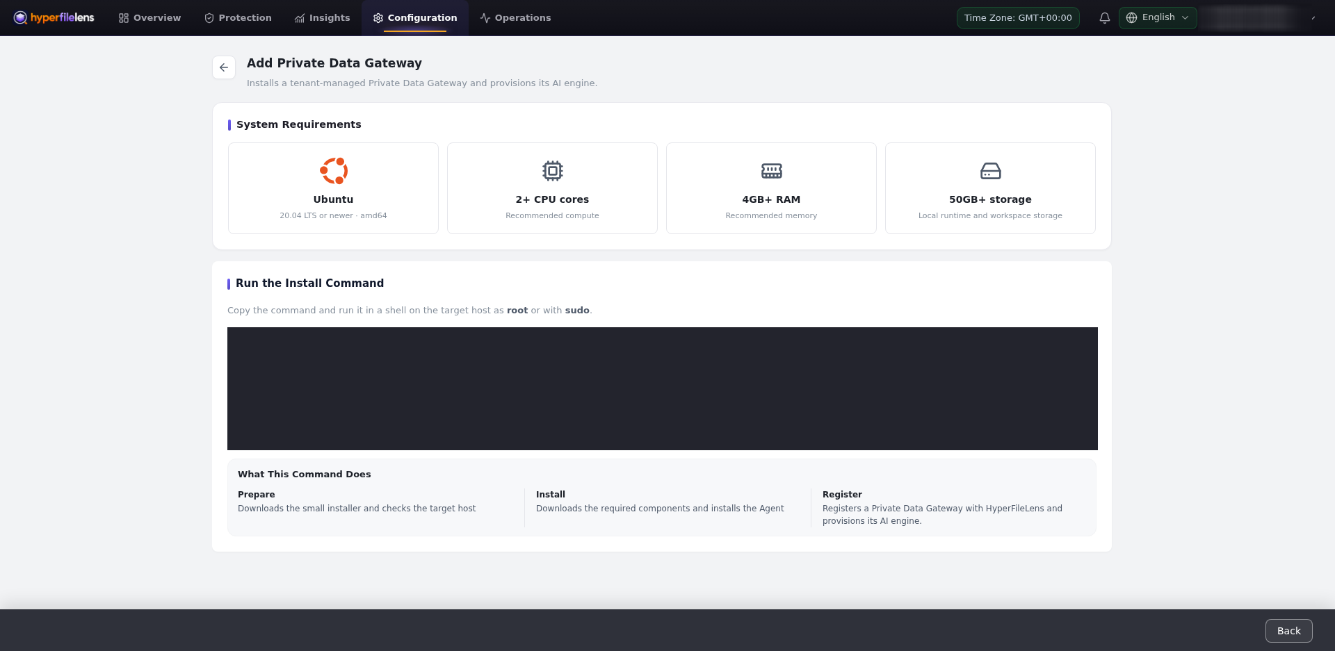 Add Private Data Gateway showing system requirements and installation stages with the enrollment command fully covered and the personal account blurred