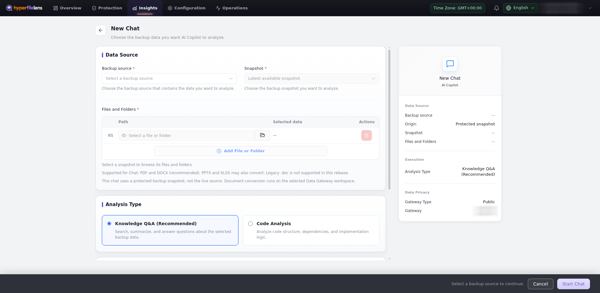 Empty New Chat form showing the protected-snapshot source, Knowledge Q&A, Code Analysis, and Public Data Gateway sections with account and Gateway identifiers blurred