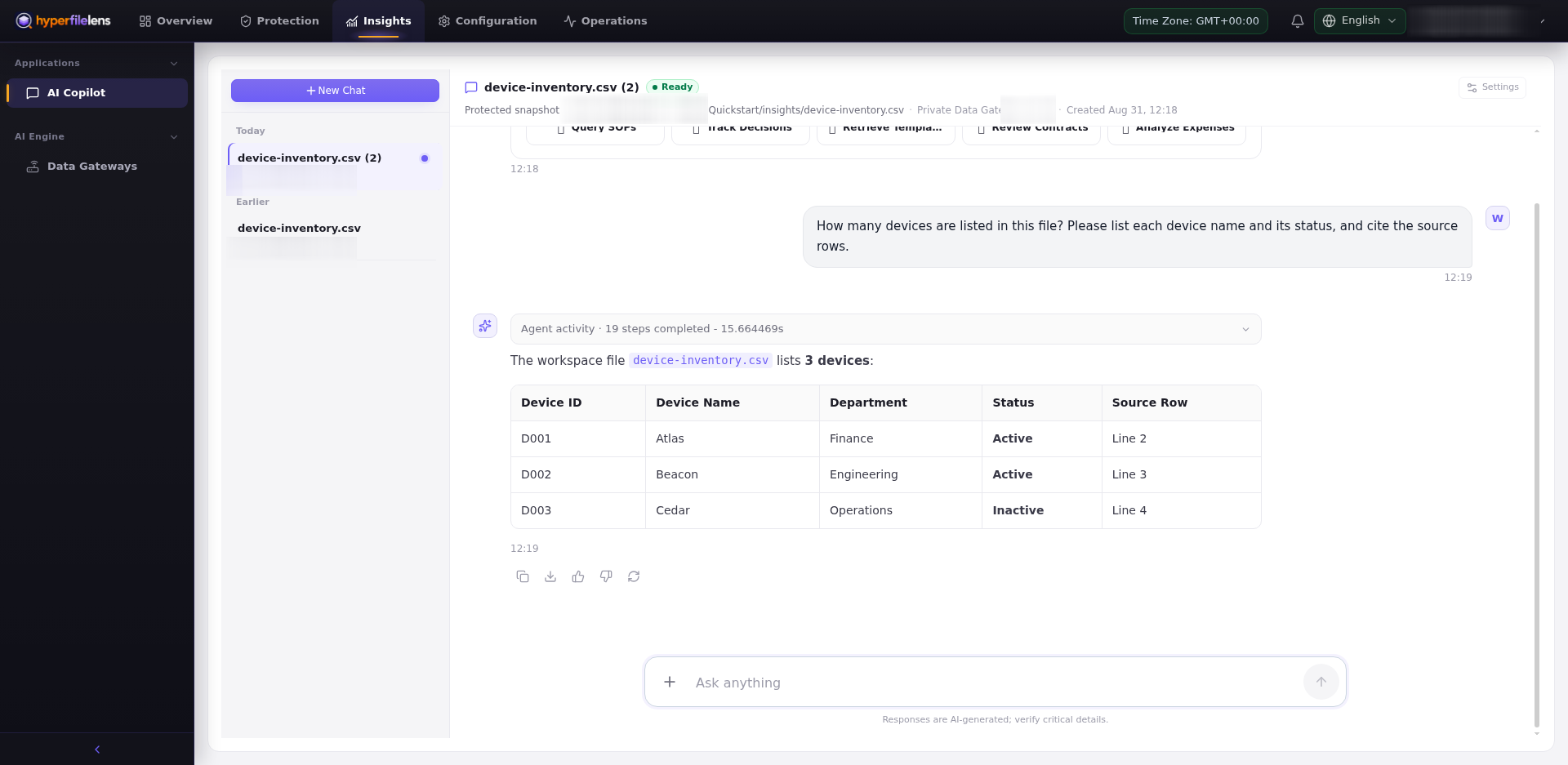 Ready Private Data Gateway Chat correctly listing three synthetic devices and source rows with account, source, host, and Gateway identifiers blurred