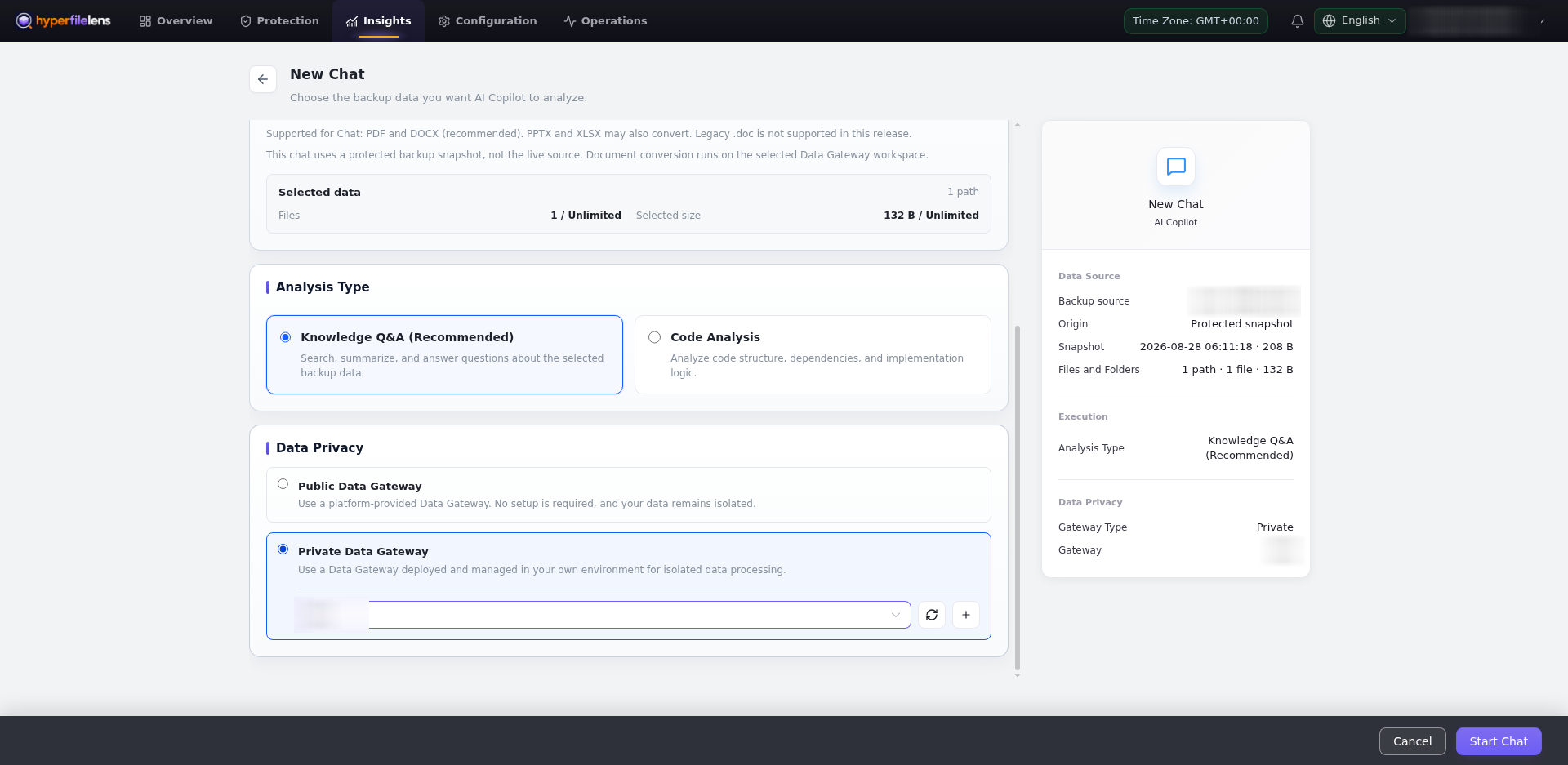 Private Data Gateway selected for a one-file Knowledge Q&A Chat with account, source, host, and Gateway identifiers blurred while snapshot time, file count, and size remain visible