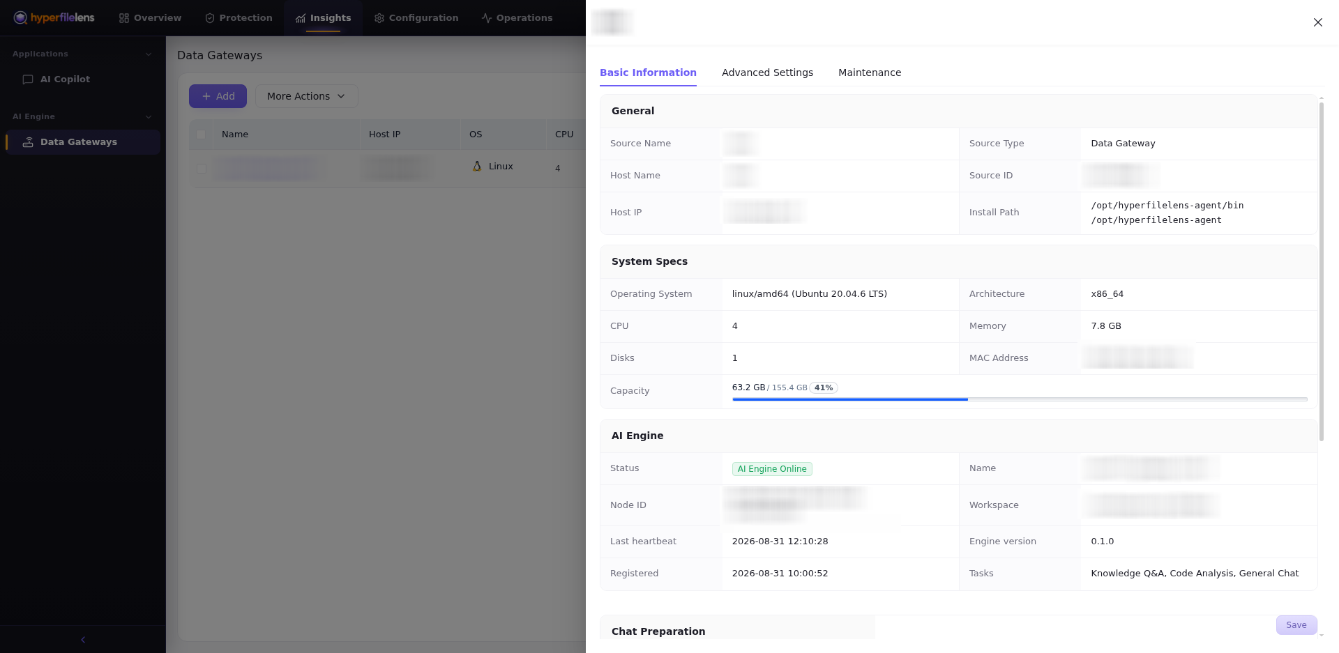 Private Data Gateway details showing AI Engine Online with the host, IP, MAC address, Source and Node identifiers, Gateway name, and workspace identifier blurred