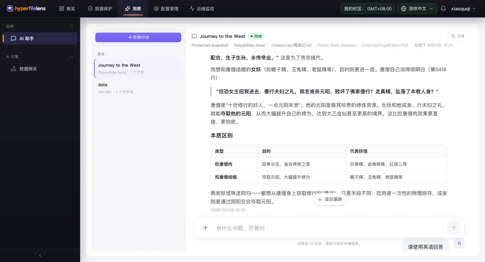 AI 助手对话界面,针对备份文件中的一份文档提问,AI 给出结构化的中文回答,并标注来源文件和创建时间